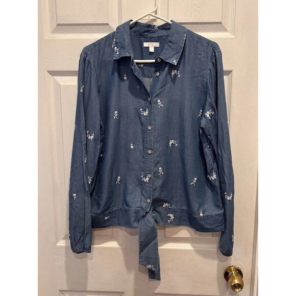 Lauren Conrad Women's Large Chambray Tie‎ Front Button Up Long Sleeve Blouse - Picture 1 of 6